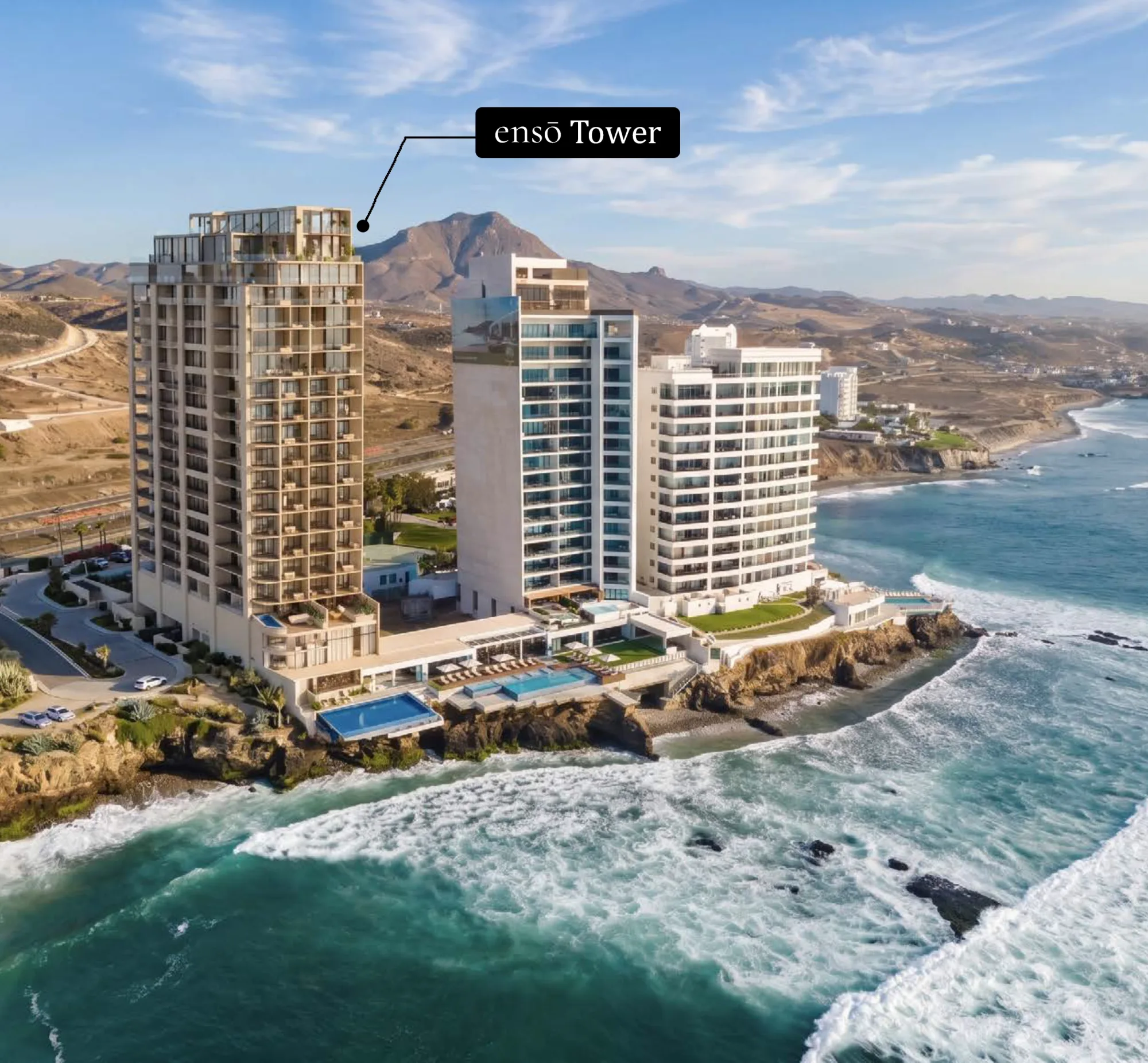 Render aéreo de ensō Tower frente al Pacífico en Km 38, Rosarito, Baja California